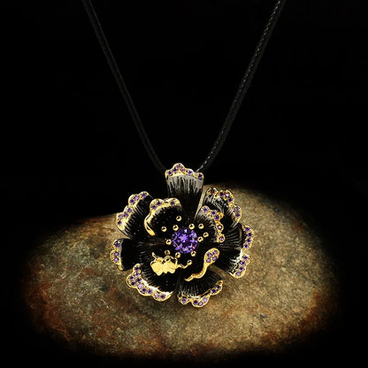 Flower Zircon Necklace Flower Black & Gold Style Chain