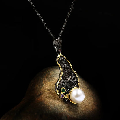 Medieval Black & Gold Series Pearl & Zircon Necklace