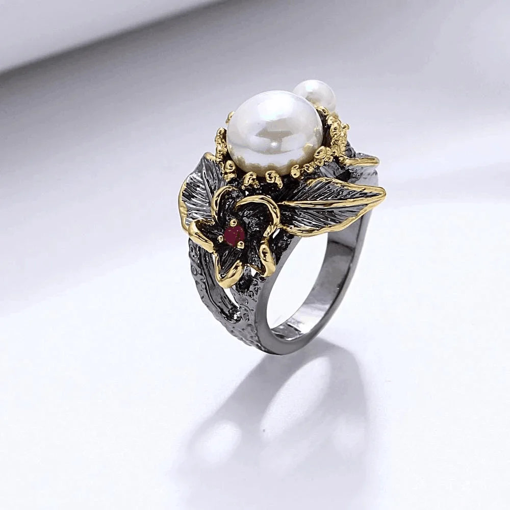 Gothic Floral Black & Gold Style Freshwater Pearl Ring