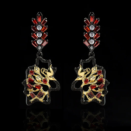 Black & Gold Style Red Floral Zircon Earrings Light Earrings