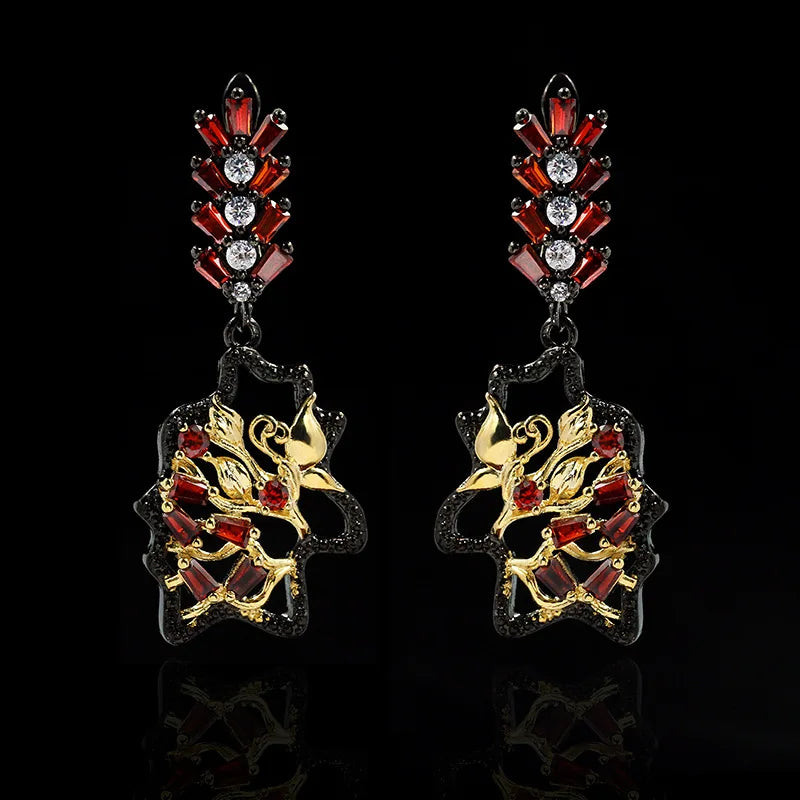 Black & Gold Style Red Floral Zircon Earrings Light Earrings