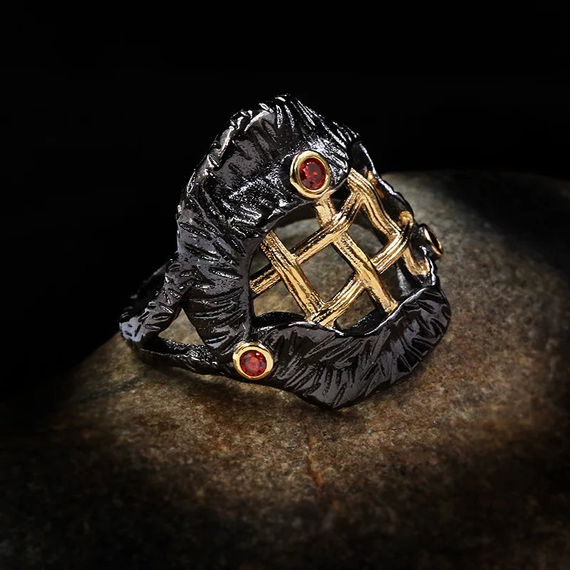 Gothic Ruby-Zircon Lattice Line Black & Gold Style Cocktail Rings