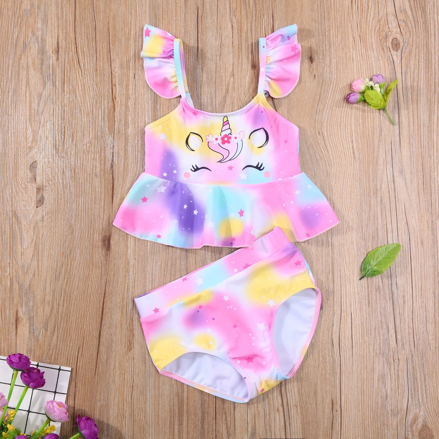 Kids Girls Two-Piece Swimsuit Unicorn Pattern Ruffle Hem Fly Sleeve Tops Swimming Shorts Clothes Set