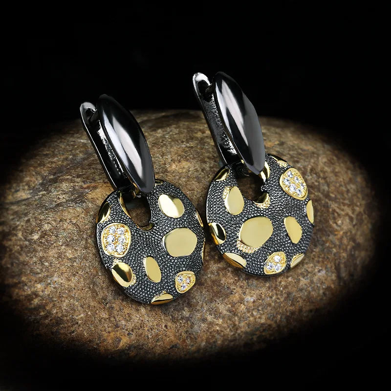 Earrings Disc Pendant Earrings Black & Gold Style Gold Earrings