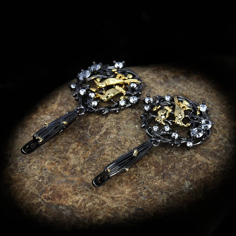 Black & Gold Style Series Zircon Bird Earrings