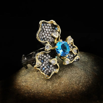 Three Petal Flower Rings Blue Zircon Rings Black & Gold Style Rings