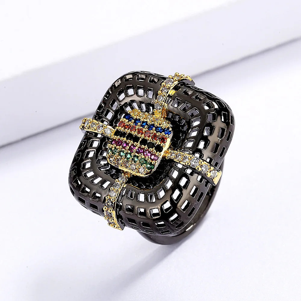 Ring Black & Gold Style Flower Rings Zircon Geometric Black & Gold Style