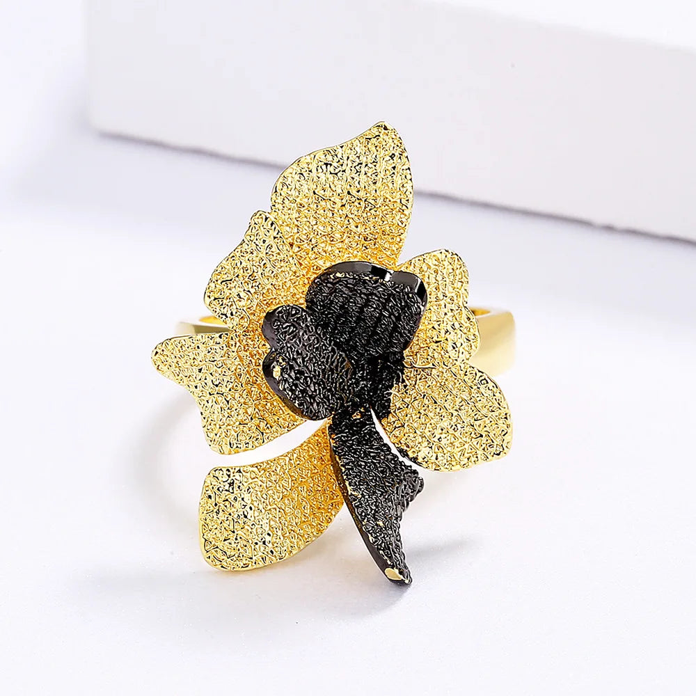 Ring Branch Flower Rings Black & Gold Style Double