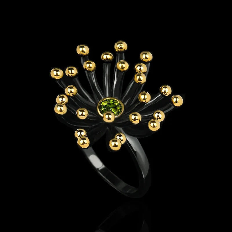 Geometric Three-dimensional Flower Heart Rings Black & Gold Style - Rings