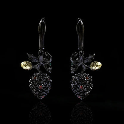 Vintage Pinecone Ruby-Zircon Zircon Black & Gold Style Earrings