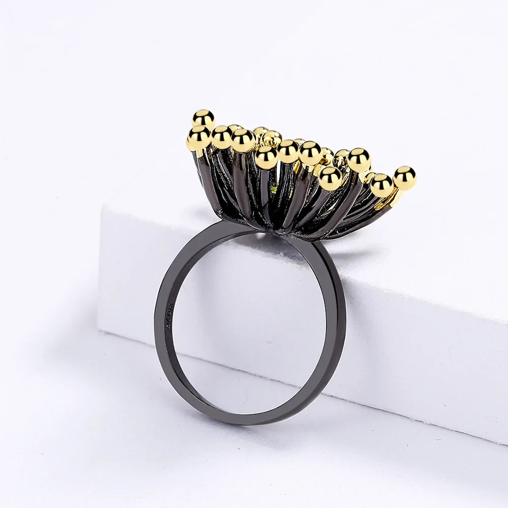 Geometric Three-dimensional Flower Heart Rings Black & Gold Style - Rings