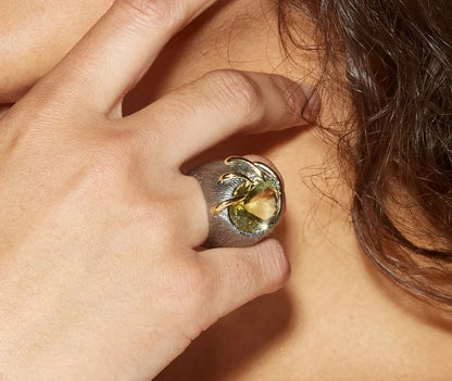 Jumbo Dragons Eye Black & Gold Style Emerald Zircon Ring