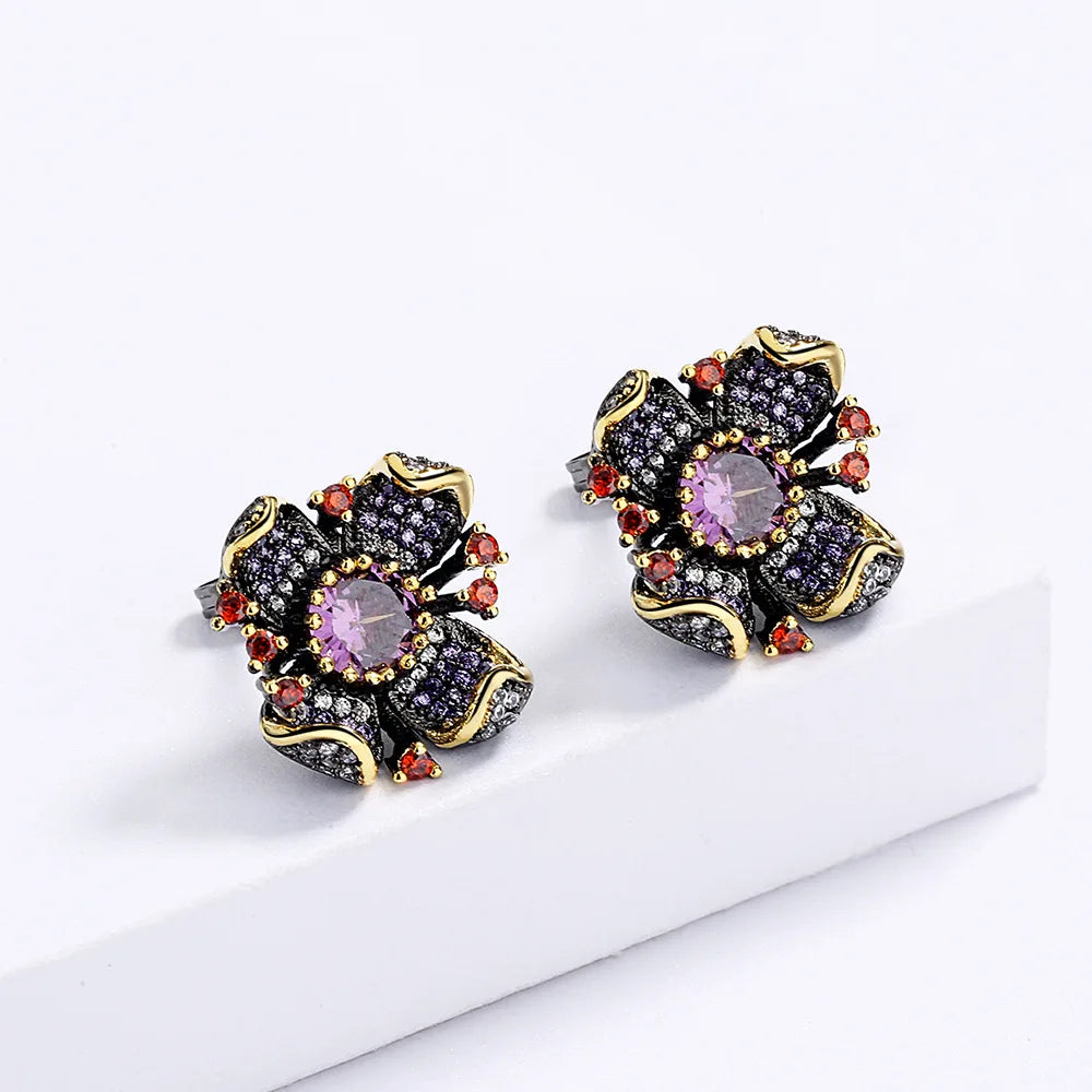 Black & Gold Style Flower Earrings with Purple & Red Zircon Gemstones