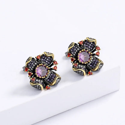 Black & Gold Style Flower Earrings with Purple & Red Zircon Gemstones