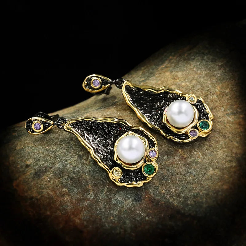Medieval Black & Gold Series Pearl & Crystal Zircon Earrings