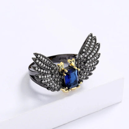 Micro- Blue Zircon Black & Gold Style Demon Wings Ring