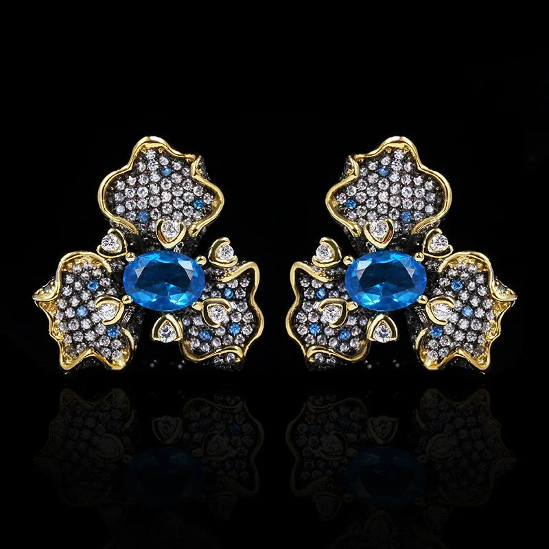 Earrings Dark Blue Zircon Flowers Earrings