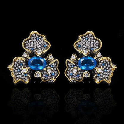 Earrings Dark Blue Zircon Flowers Earrings