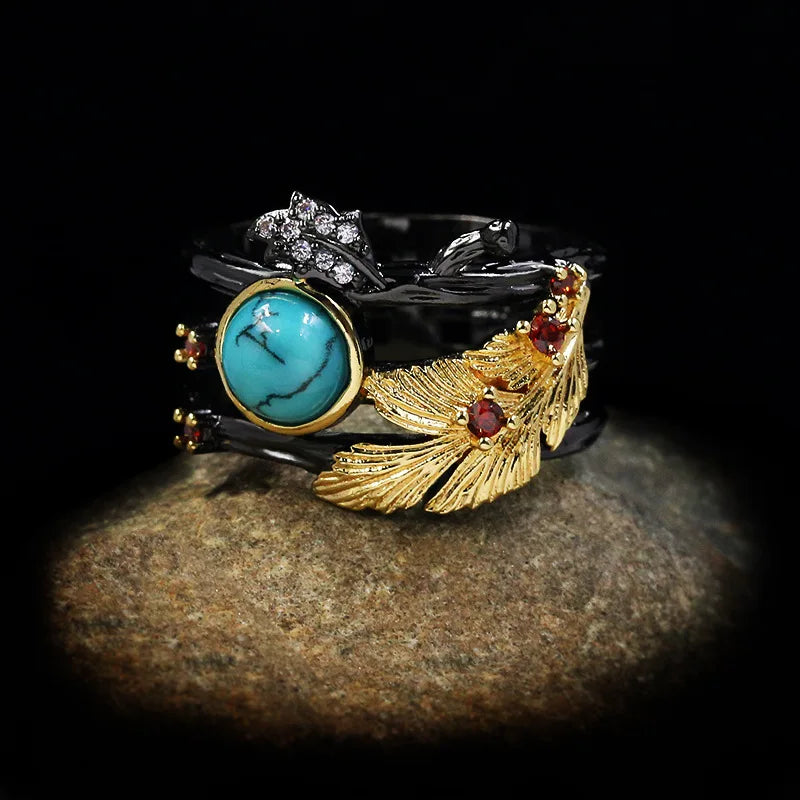 Black & Gold Style Feather Rings Decorated with Zircon, Turquoise