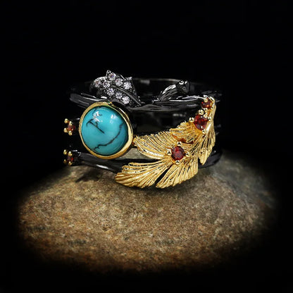 Black & Gold Style Feather Rings Decorated with Zircon, Turquoise