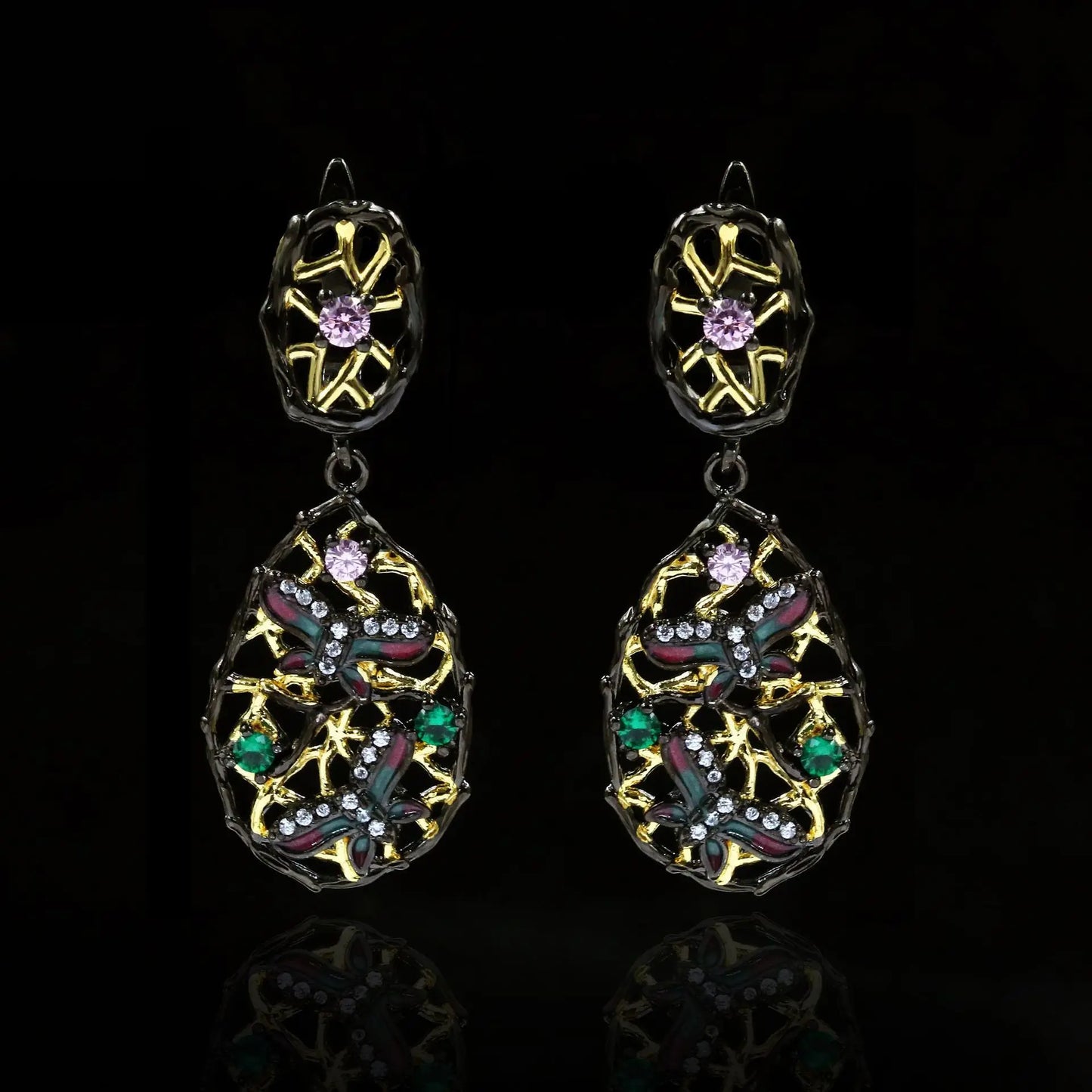 Gothic Butterfly Black & Gold Emerald Zircon Earrings