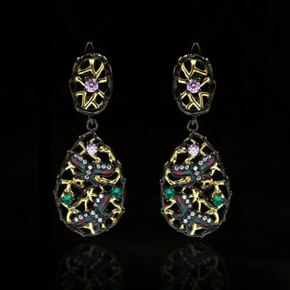 Gothic Butterfly Black & Gold Emerald Zircon Earrings