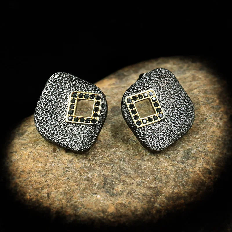 Geometric Square Earrings Black Zircon Earrings Black & Gold Style