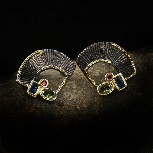 Zircon Black & Gold Fan Earrings