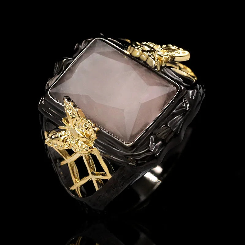 Translucent Square Crystal Rings Cross Line Black & Gold Style