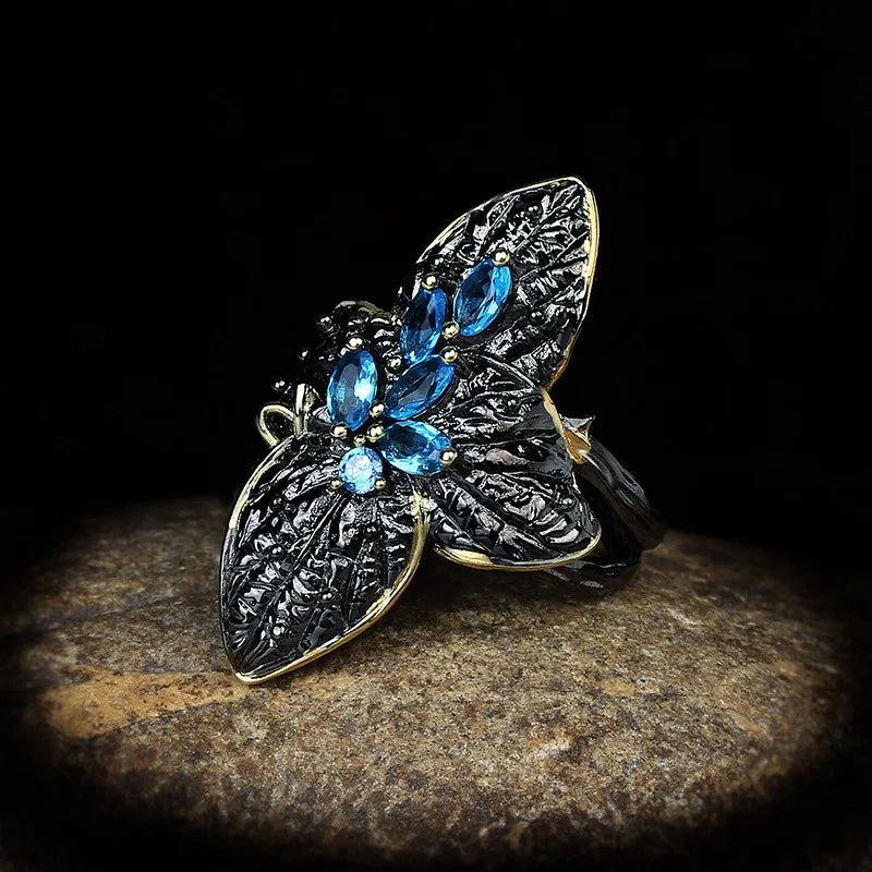 Black & Gold Style Two-Leaf Flower Rings Blue Zircon Rings