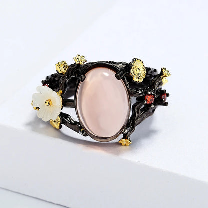 Floral Black & Gold Style Rings with Rose or Random Gemstone