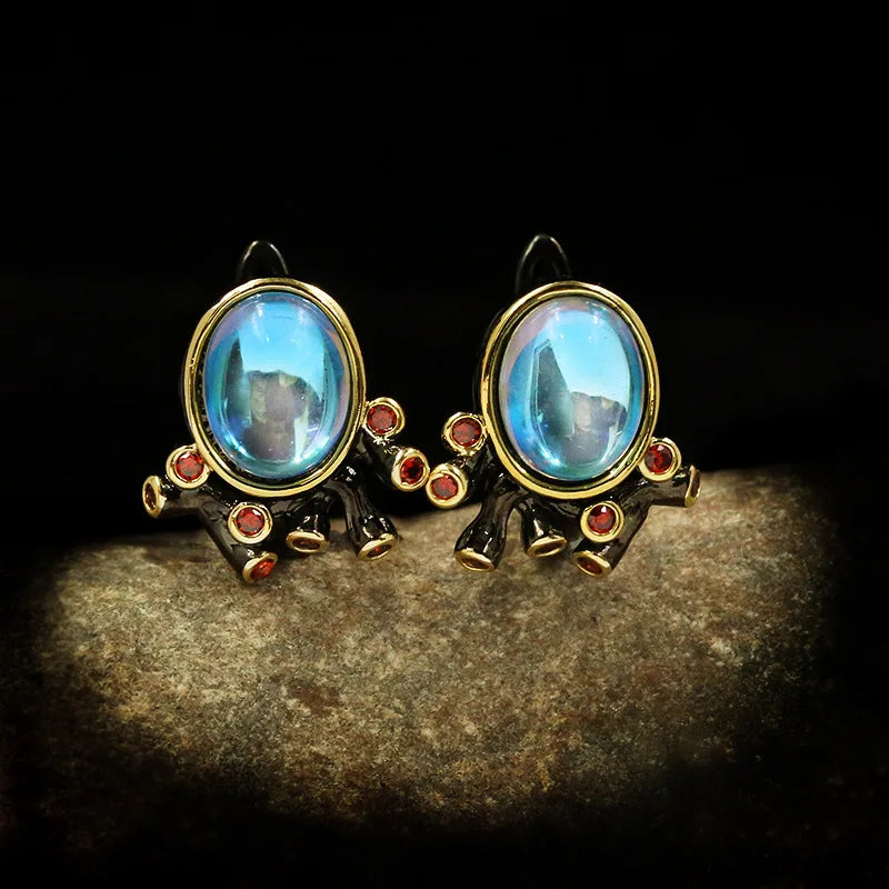 Vintage Earrings Blue Moonlight Zircon Earrings Black & Gold Style Crystal