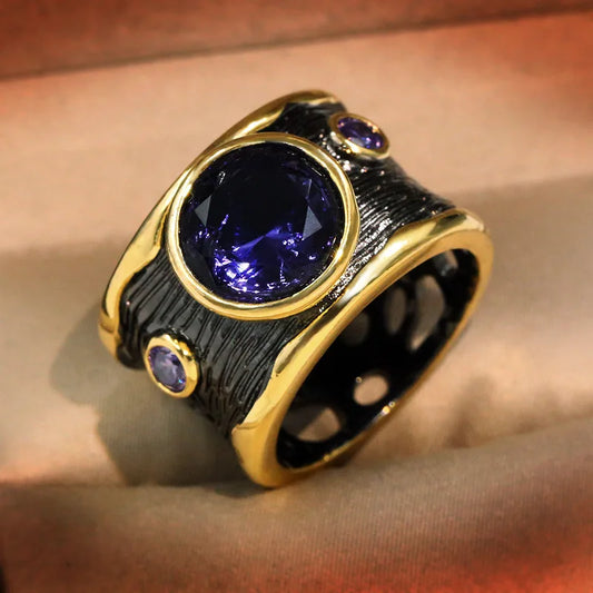 Amethyst Black & Gold Style Cocktail Ring