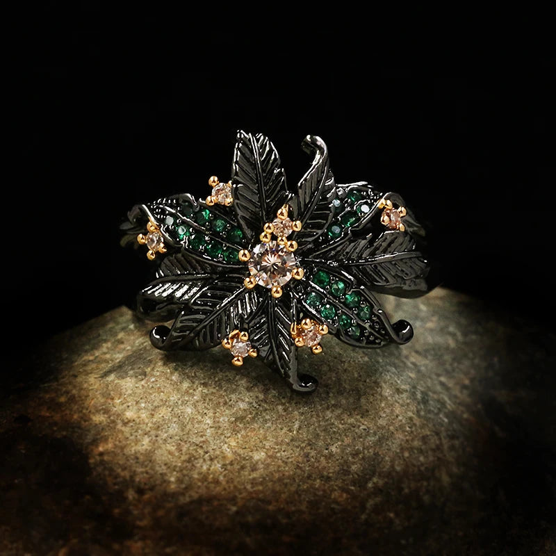 Begonia Flower Green Zircon Rings Black & Gold Style Flower Ring