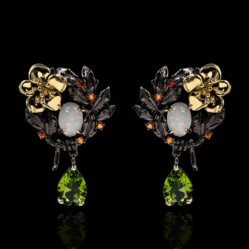 Flower Pearl Green Zircon Drop Earrings Opal Black & Gold Style Earrings