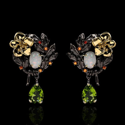 Flower Pearl Green Zircon Drop Earrings Opal Black & Gold Style Earrings