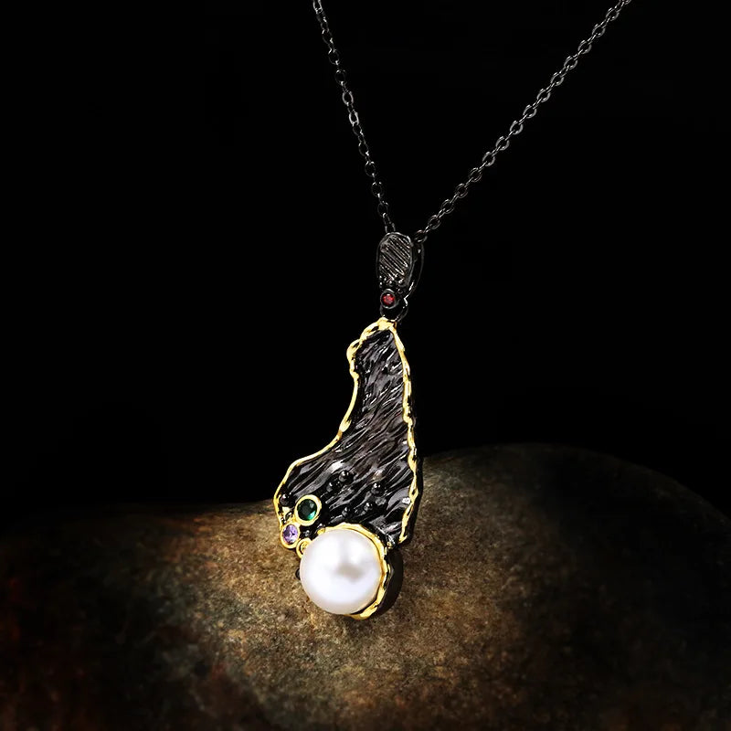 Medieval Black & Gold Series Pearl & Zircon Necklace