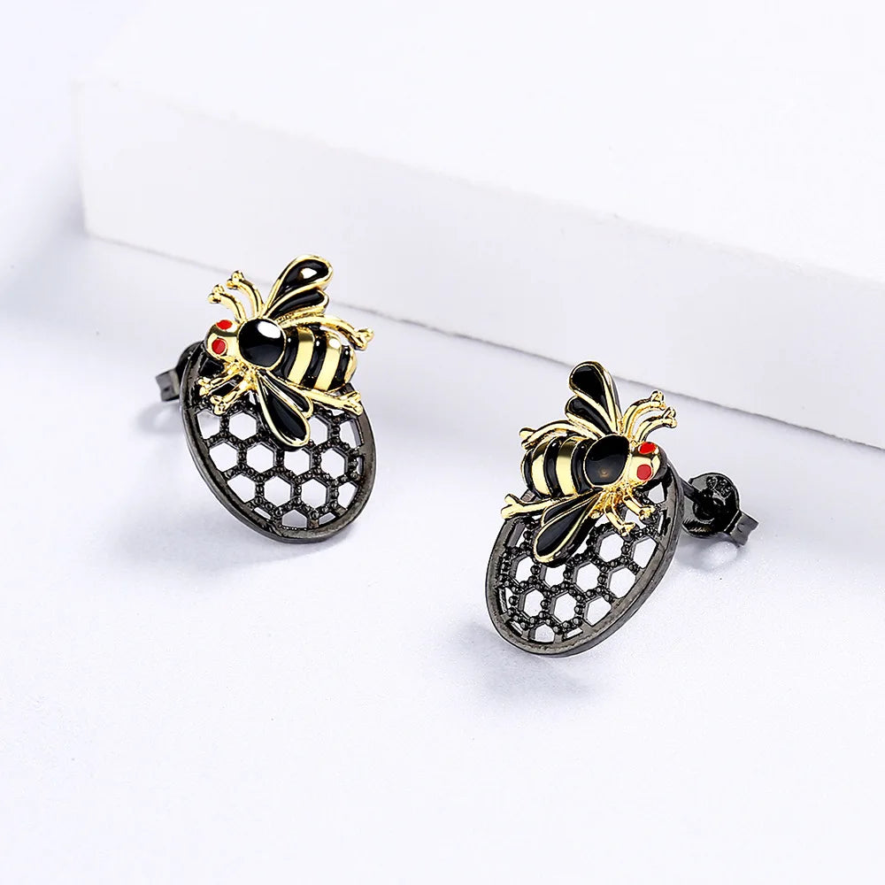 Black & Gold Little Bee Stud Earrings