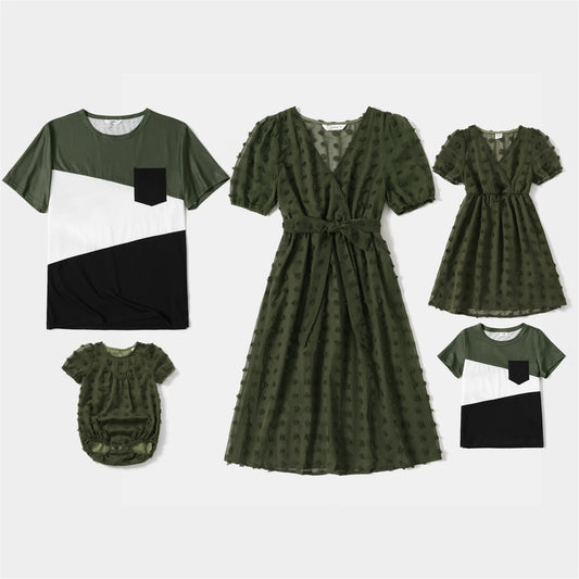 Family Matching! Army Green Cross Wrap Dot Dresses & Color Block T-shirts