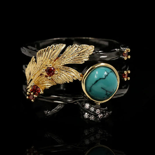 Black & Gold Style Feather Rings Decorated with Zircon, Turquoise