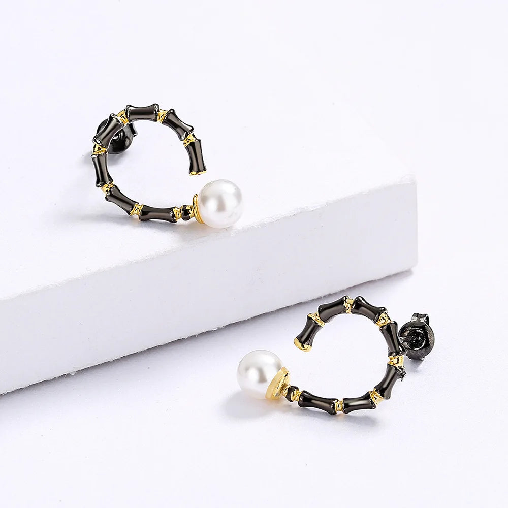 Earrings Bamboo Earrings Pearl Hoop Dainty Earrings