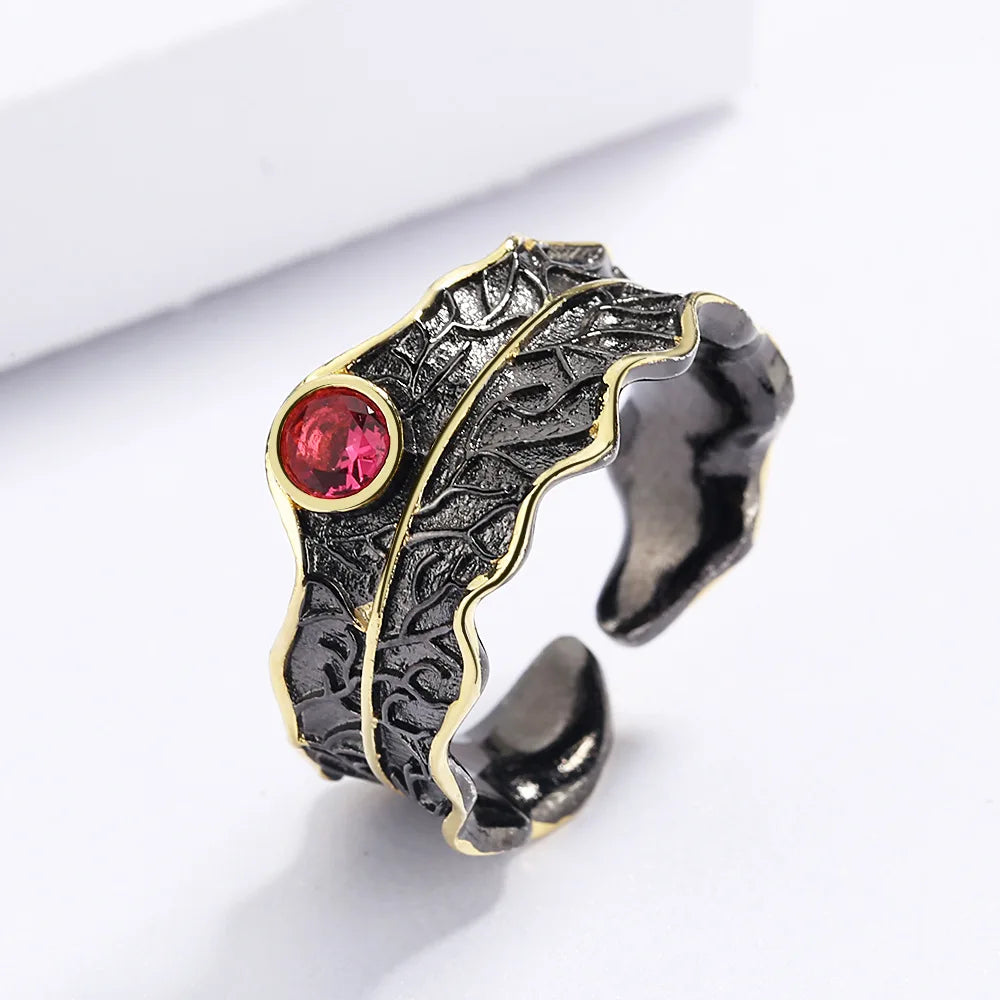 Royal Red Zircon Black & Gold Style Adjustable Ring