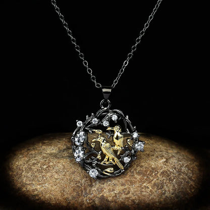 Vintage Bird Blossoms Crystal Zircon Black & Gold Style Necklace