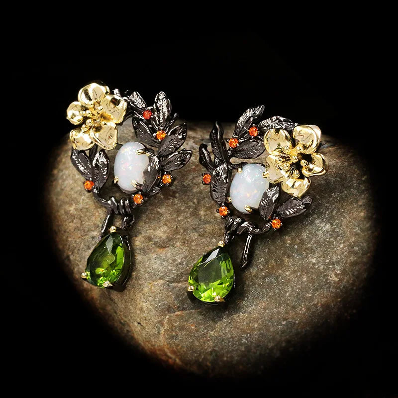 Flower Pearl Green Zircon Drop Earrings Opal Black & Gold Style Earrings