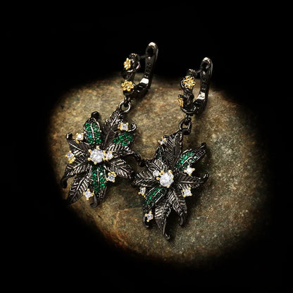 Vintage Black & Gold Style Flower Green Zircon Flower Earrings