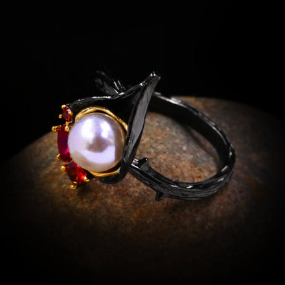 Red Garnet Zircon Rings Drop Pearl Rings Black & Gold Style