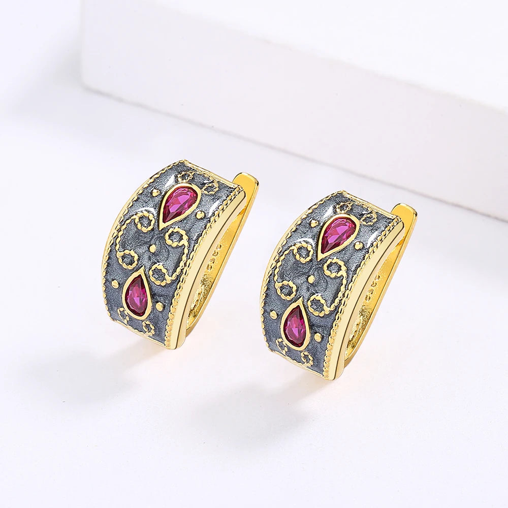 Earrings Gold Red Zircon Earrings Classic Black & Gold Style