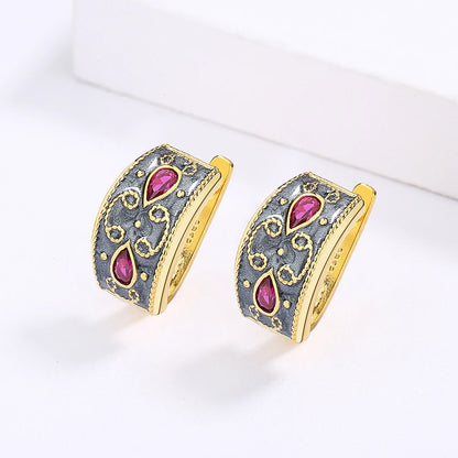 Earrings Gold Red Zircon Earrings Classic Black & Gold Style