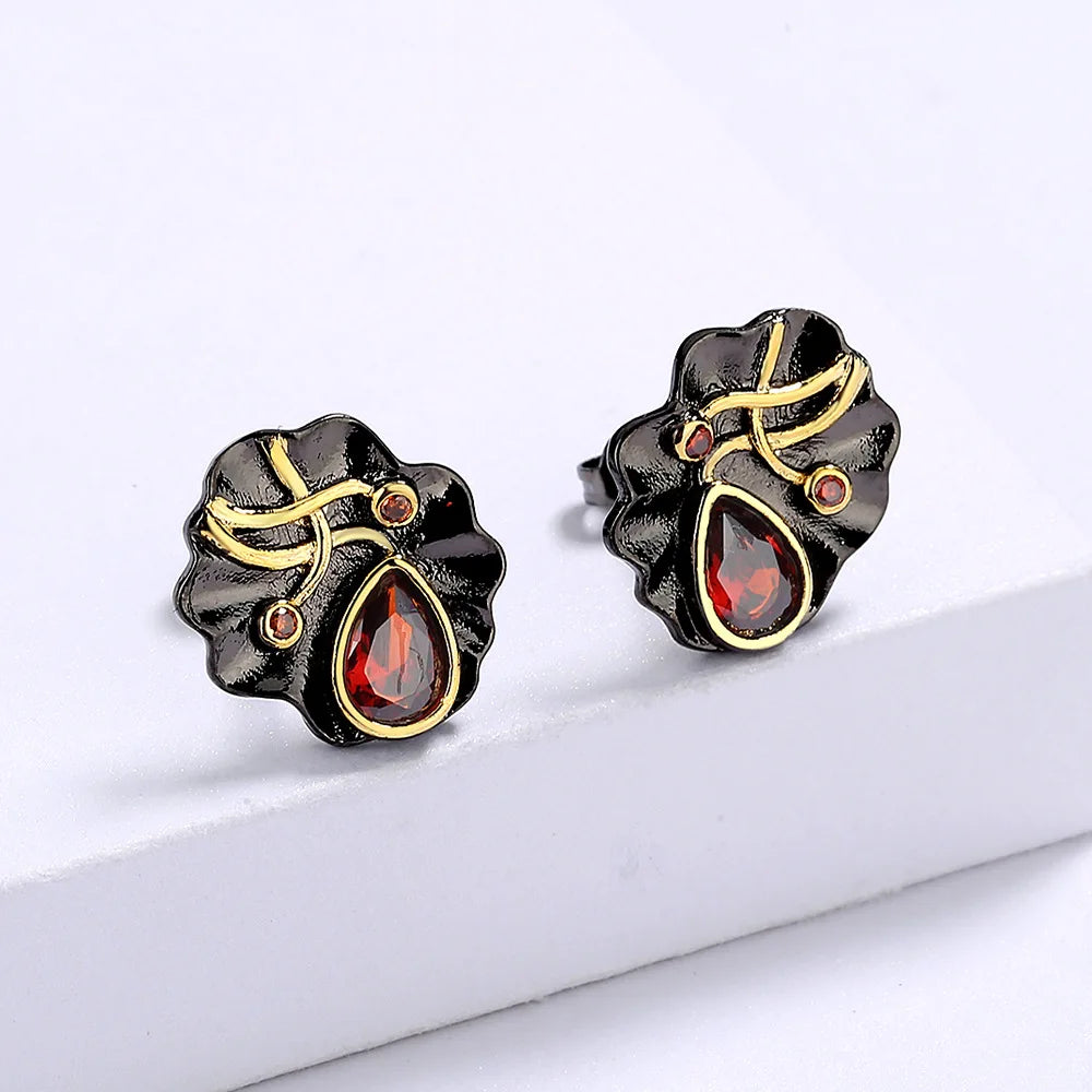 Black & Gold Style Earrings Small Black Red Zircon Earrings