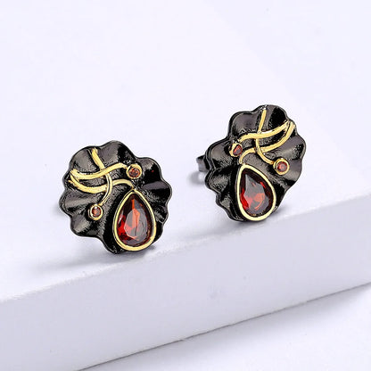 Black & Gold Style Earrings Small Black Red Zircon Earrings